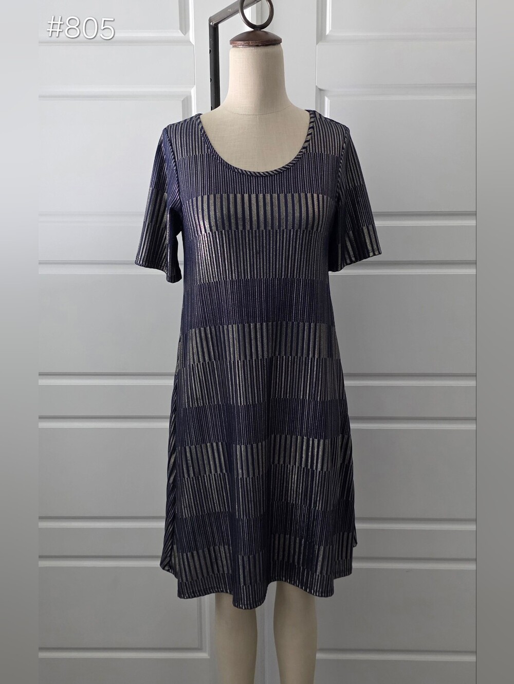 Navy and Gold Striped Short Sleeve Casual Dress